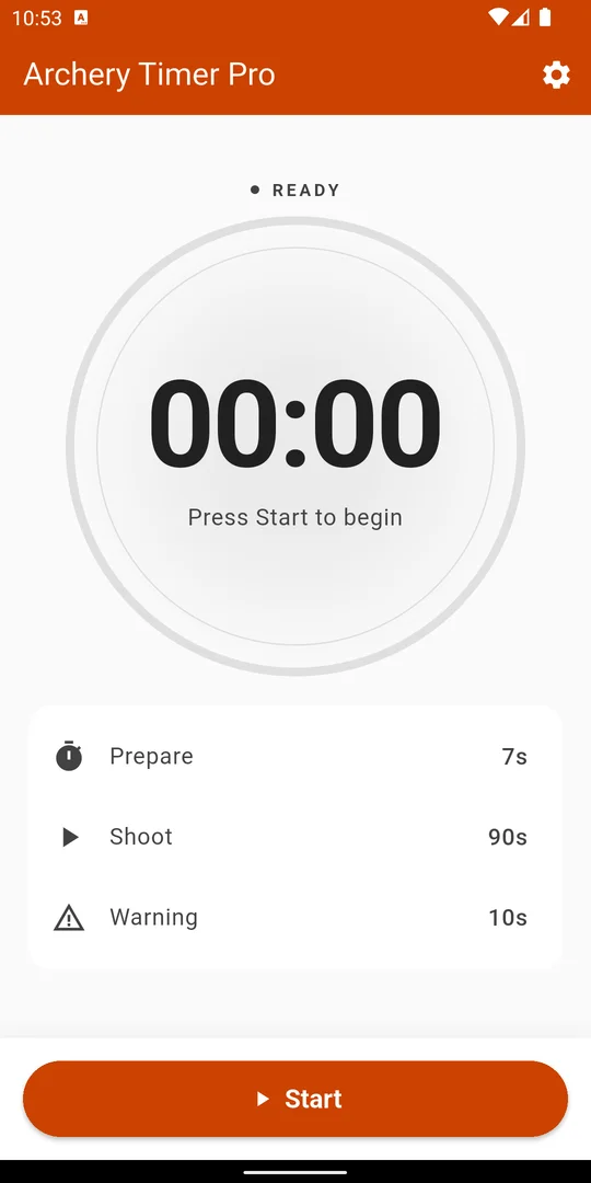 Tampilan layar siaga Archery Timer Pro dengan ring sasaran, timer 00:00, dan tombol Mulai