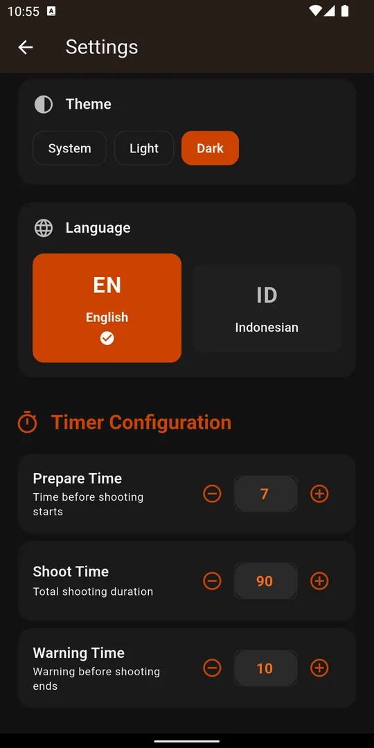 Tampilan layar Pengaturan mode gelap dengan konfigurasi timer dan pilihan bahasa